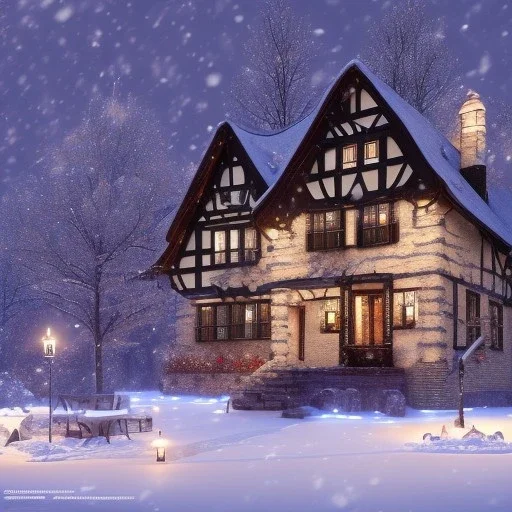 German village house, dark, candle light, snow 16k quality, hyper realistic, 3d render, dramatic lighting, octane render, volumetric lighting