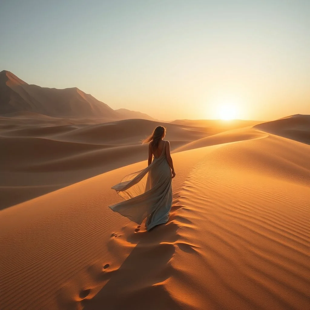 Award-winning fine art photography of a solitary woman in a flowing silk dress standing among towering desert dunes at sunrise, wind sculpting elegant patterns in the sand, dramatic interplay of light and shadow, dreamlike atmosphere, poetic composition, soft golden backlighting, cinematic mood, captured by a world-renowned fine art photographer, Hasselblad medium format camera, museum-quality imagery, ultra realistic, masterpiece, international photography competition winner, 64 k