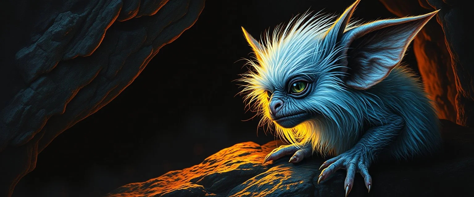 pen outline with some neon airbrush, glowing quickling gremlin in the shadows with long fluffy white fur looking at awesome glowing cave painting, pin hole camera, in the style of Rembrandt