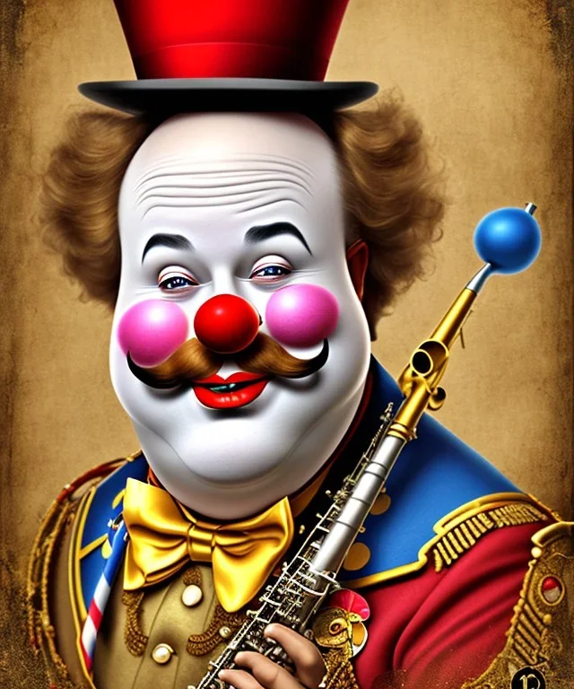 happy old friendly fat clown with round head and trimmed beard playing jazz with a steampunk theme, circus, realistic