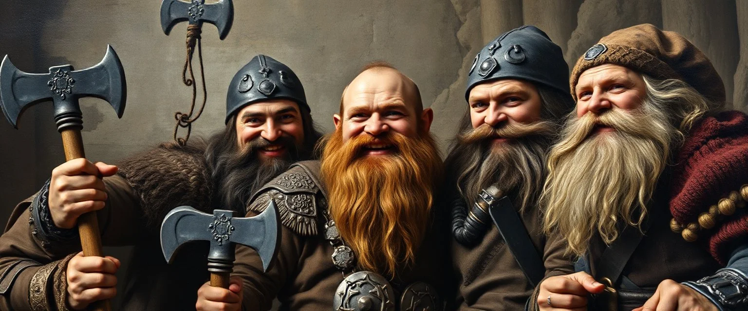 pin hole cam, master oil painting by Rembrandt, family portrait of smiling bad ass warrior clad muscle sturdy buildt deep rock metal dwarves in fine clothes and with pickaxes laughing