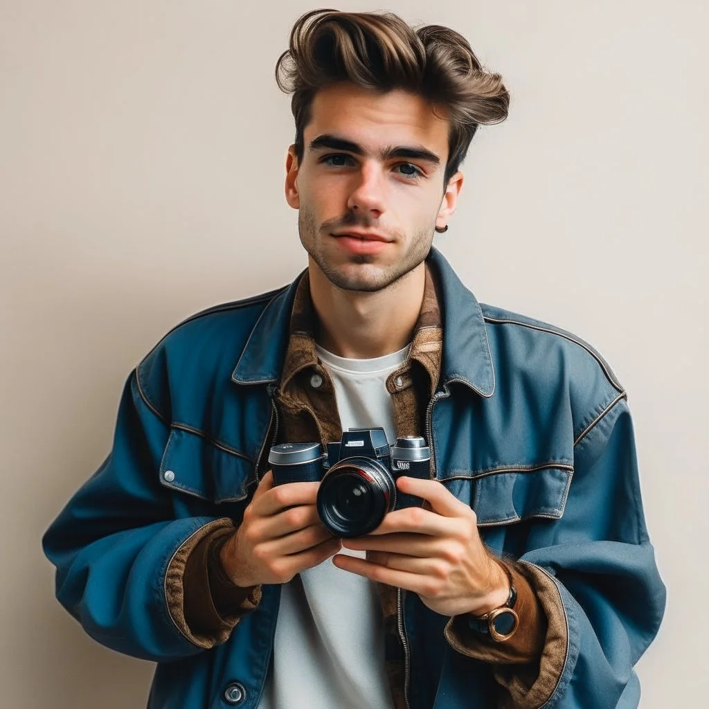 Unassuming man with nice casual 90s clothes and a camera