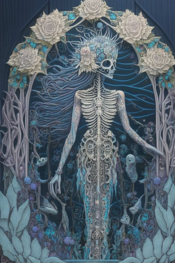 Artwork entitled "Skull Moon Pond Goddess " depicts a partially skeletonized Pond Goddess wearing a gown made from detailed quilling consisting of feathers, foliage, fish scales, flowers, and gemstones appearing inside an archway of quilling growing around her and the skull moon; insanely detailed; quilling; elegant, fantasy, rose tones, beautiful, rapturous