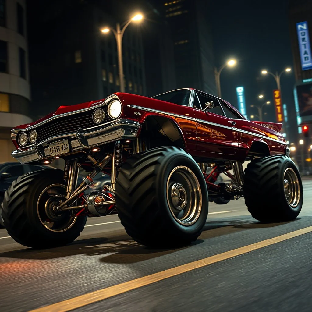 digital photograph, fantastical souped-up car with monster truck tires on futuristic silver hydraulics driving down a city street, dramatic angle, nighttime, cinematic lighting