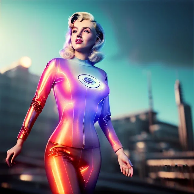 Realistic press image, retro sci-fi, portrait, waist up view, blonde woman, sweet Marylin Monroe face, perfect iris, glow eyes. tight latex tights suit. Retro Futuristic city, cars flying. epic style, vibrant color, highly detailed, unreal engine 5, ray tracing, RTX, lumen lighting, ultra detail, volumetric lighting, 3d, finely drawn, high definition, high resolution.