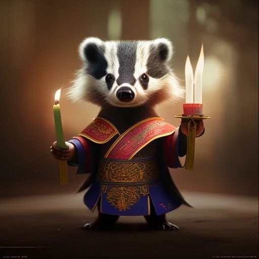 a cute litte badger wearing Hanfu, holding a large candle, BK complex detail, cinema, reality, detail, octane rendering, stoic cinematic 4k epic detailed photograph shot on kodak detailed bokeh cinematic hbo dark moody 8k, 85mm f/16 by leica