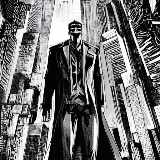 tall brooding man, dystopian city, sin city style