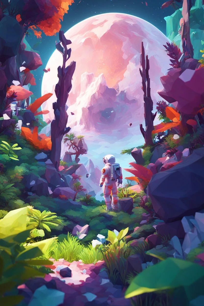 (((close midshot))), (((low poly art:2))), (astronaut), ultra detailed illustration of an environment on a dangerous:1.2 exotic planet with plants and wild (animals:1.5), (vast open world), astroneer inspired, highest quality, no lines, no outlines candid photography. by Lekrot