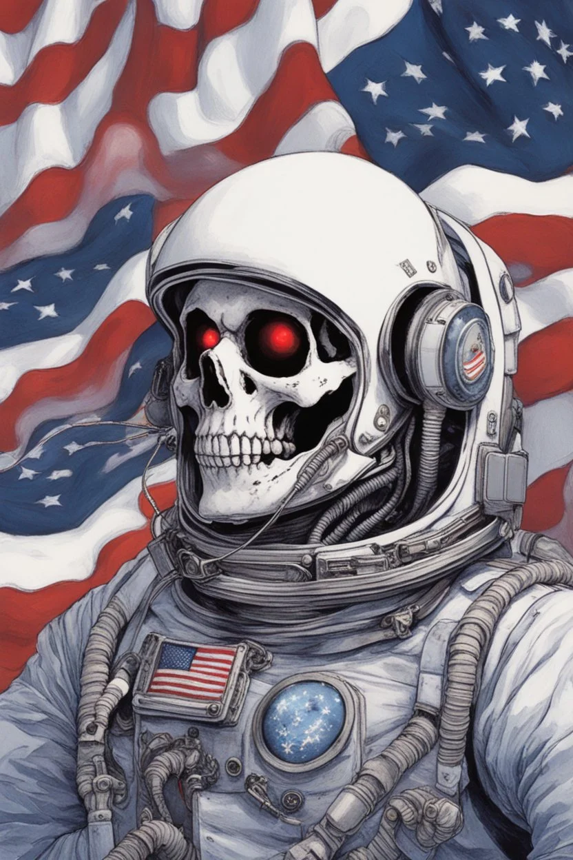 A close up of a skeleton face looking shocked, in an astronaut helmet and suit floating in space. inside the hollow eyes are red shining lights, scary. On his suit is an American flag and in his one hand is a small wavering American flag, on it is written "boned in the USA". From the back of his suit is blowing out blue, white and red smoke. Realistic, 8k, highly detailed, funny