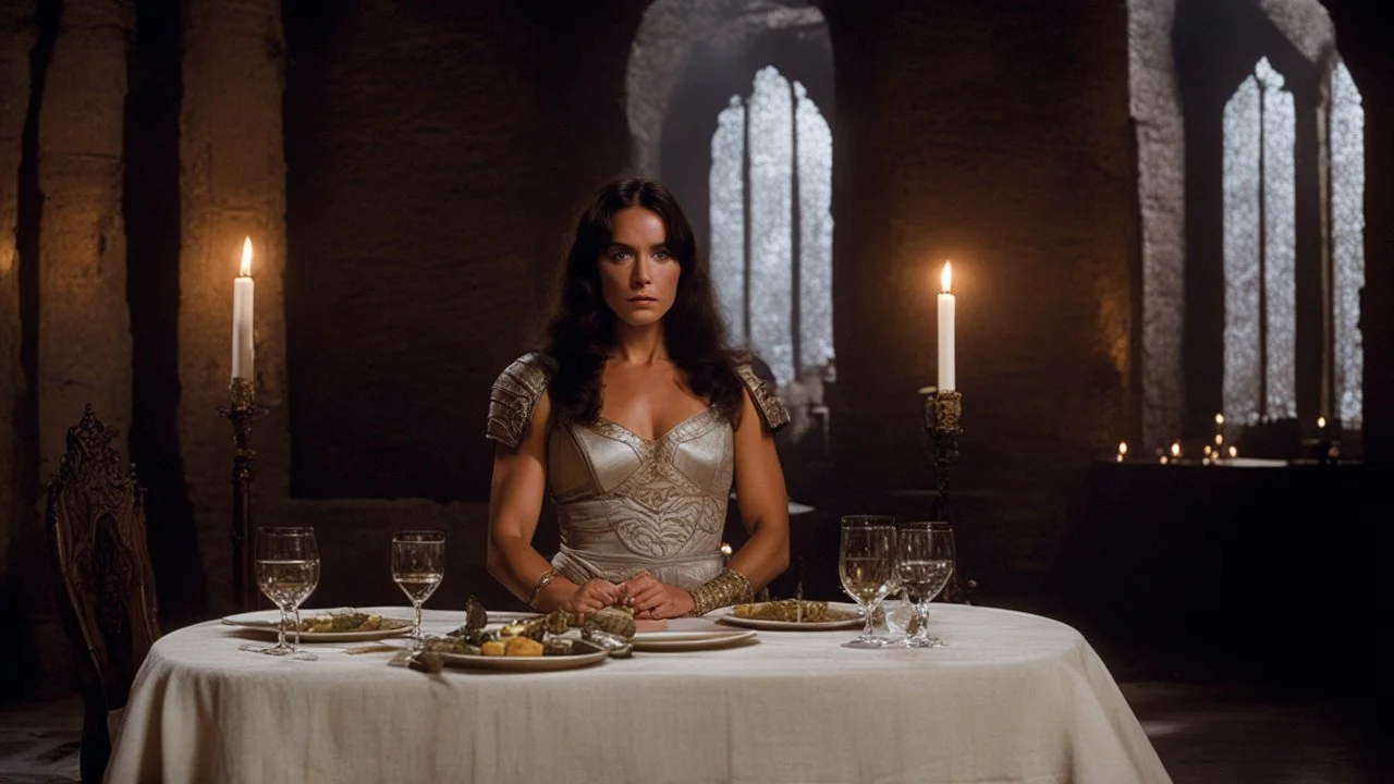 [Conan The Barbarian (1982)] In the dining room of the large castle, she sits alone in a linen dress at the grand table. The flickering candlelight casts dancing shadows across the walls. Her eyes are drawn to a majestic statue mounted on the wall, depicting a woman clad in armor, strikingly similar to herself. The intricately carved features of the armored woman seem to gaze back at her, as if urging her to embrace her destiny.