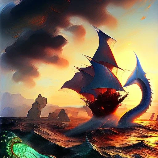 Full Drawing of Leviathan Dragon of the sea Joaquín Sorolla Style