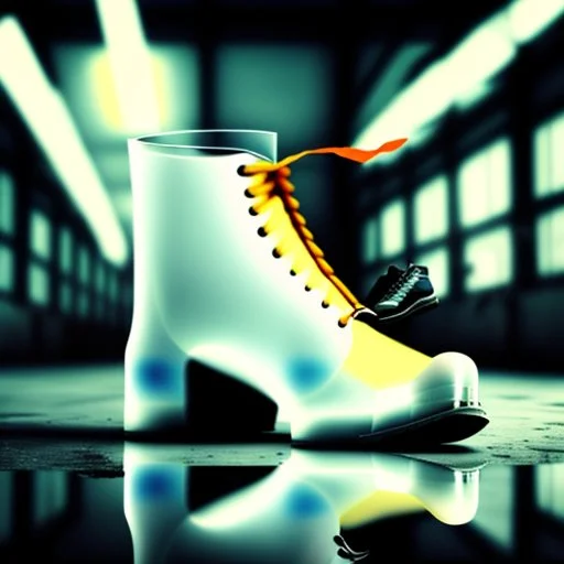 an empty glas with legs and shoes, in a factory, nobody cares about the empty glas, that is why he is so sad :(