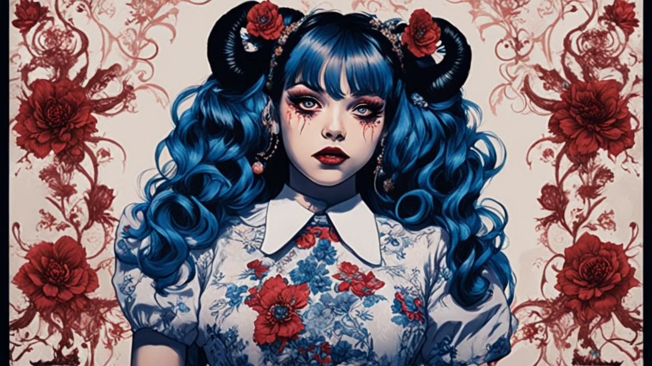 Poster in two gradually, a one side wears a smart shirt which is embroidered with bluered flowers and ornaments, has dark eyes and horns,malevolent goth vampire girl face and other side the Singer Melanie Martinez face, full body, painting by Yoji Shinkawa, darkblue and sepia tones,