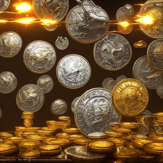 dynamic lighting, Intricately detailed, Splash screen art, deep color, Unreal Engine, volumetric lighting, silver coins, gold coins, silver treasure, stacked coins, indoors, candle, altar, black, sigil, shiny, silver bullion,