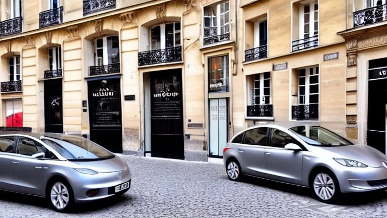 A Tesla's 'Model S Plaid' is parked, at the 'Sacre Coeur', in Paris. CINEMATIC. WIDE ANGLE LENS. PHOTO REAL.