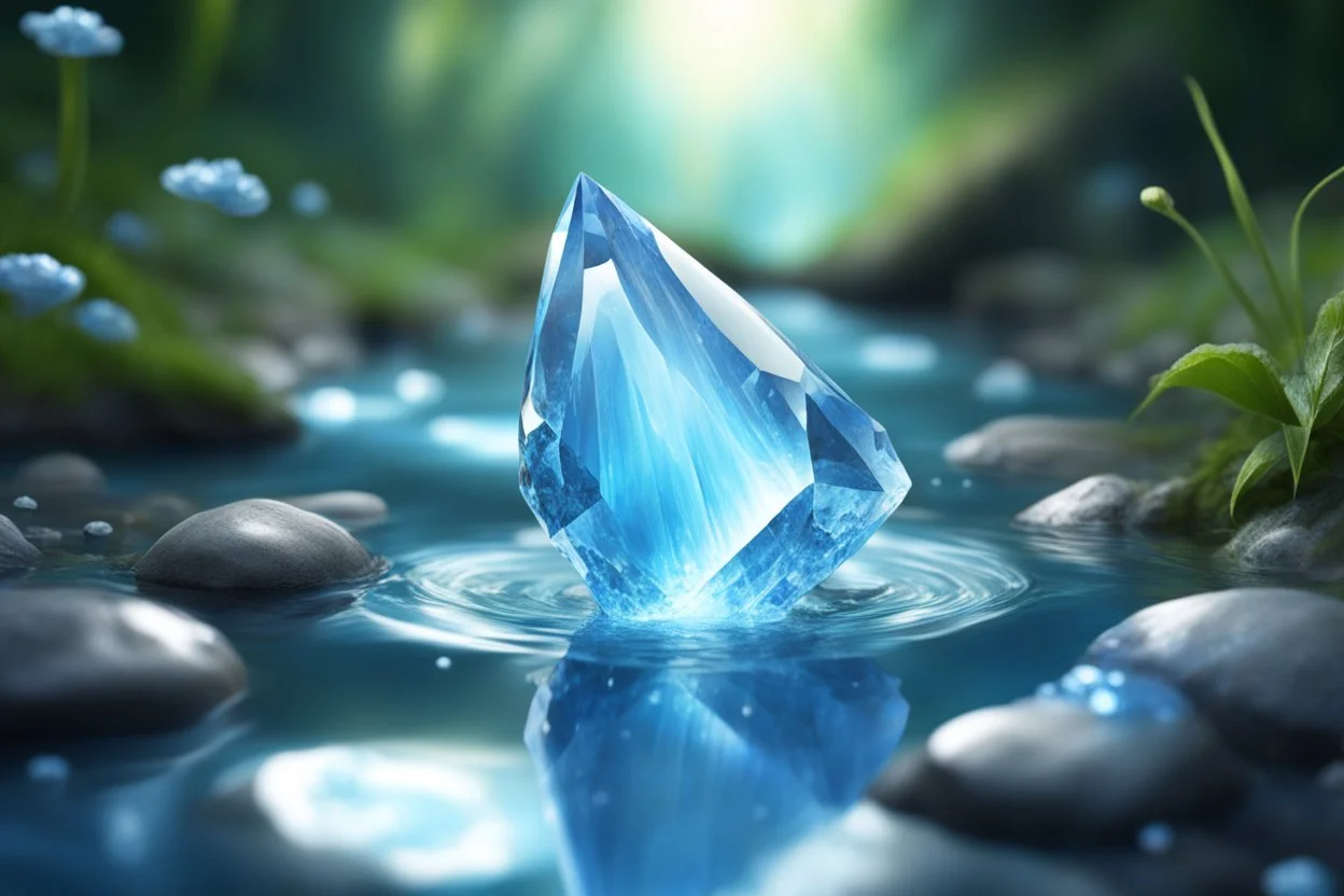 a little cosmic lightblue magic vertical crystal in the middle of a fairy stream