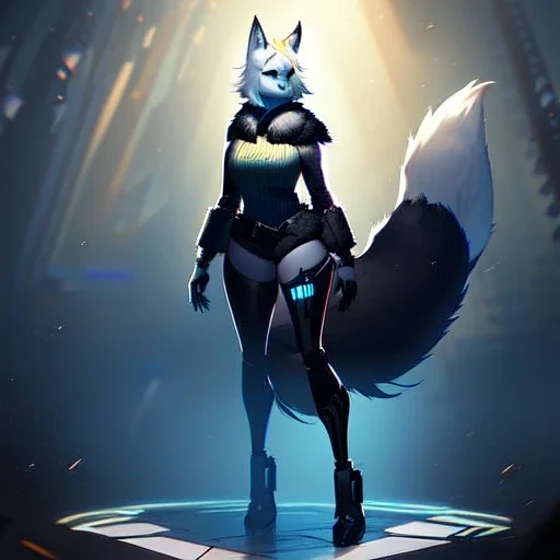 a fox fursona, darker colors, master quality, backlighting, soft lights, full body portrait, in frame, 8k, perfectly drawn face, well drawn, realistic, humanoid, furry, cyberpunk, digitigrade legs, fur, female