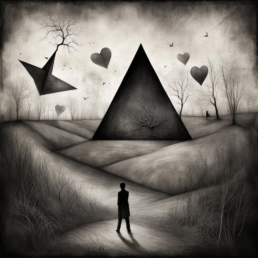 charcoal and ink illustration, Style by Gabriel Pacheco and VS Gaitonde and Alexander Jansson and Vladimir Kush, abstract surreal art, a metaphorical representation of the ephemeral triangular relationship of love rivalries, gestalt lunatic grass shine, warm colors, sinister, surreal masterpiece, dynamic diagonal layout composition, juxtaposition of the uncanny and the banal, sharp focus, weirdcore, never-before-seen