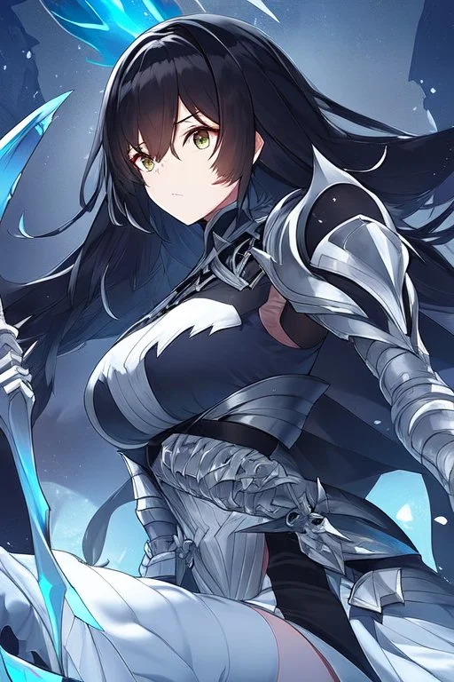 Anime girl with short black hair and sharp green eyes holding a spear, black and white metal armour,