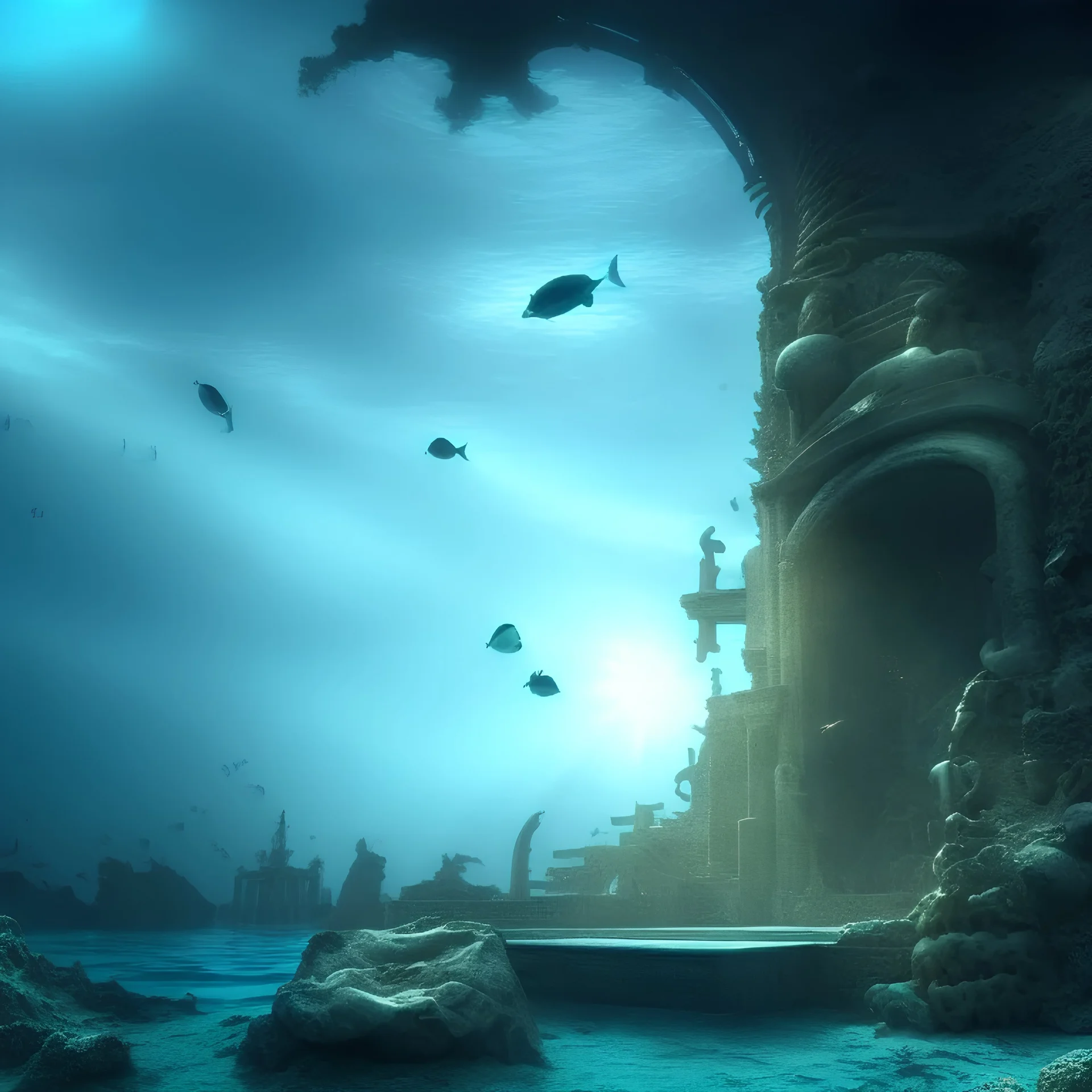 lost underwater city, Poseidon, highly detailed, cinematic, ultra photorealistic, ultra realistic, volumetric lighting, sun shafts, spectral, 4k, 8k, fish swimming around