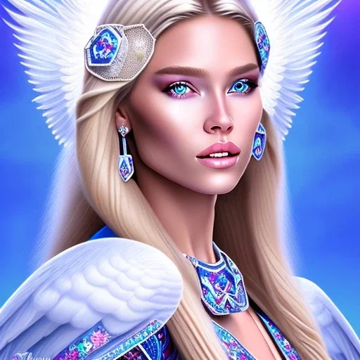 portrait of a beautiful aztecan woman with an angel face smiling,long blond hair, blue eyes, pink and blue dress, jewels, soft light aura