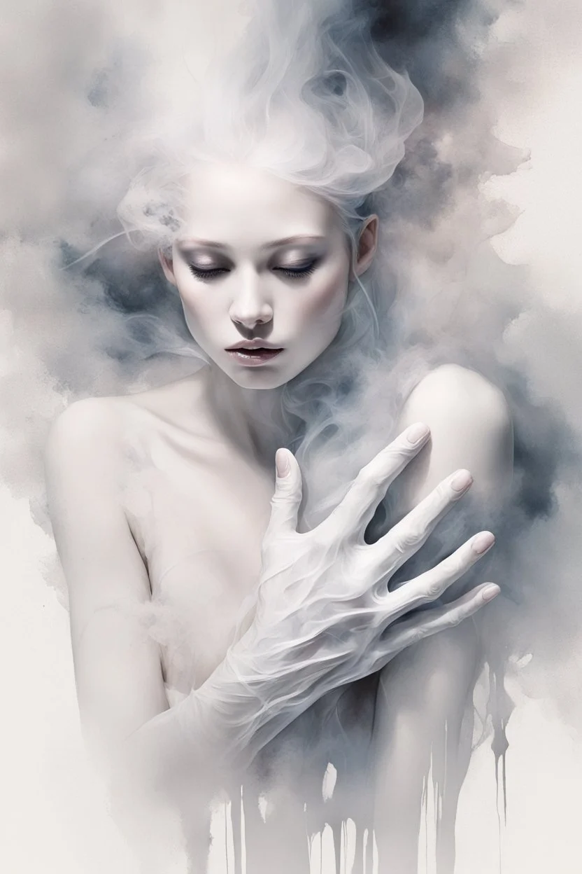 White smoke artistically takes the form of gloves by Ryohei Hase, Agnes Cecile, Raymond Swanland, Anne Bachelier, pastel smoky texture in hues of tranquility, an embodiment of minimalism with a stroke of simplicity, evoking serenity against a backdrop, white shimmering, fantasy art, backlit