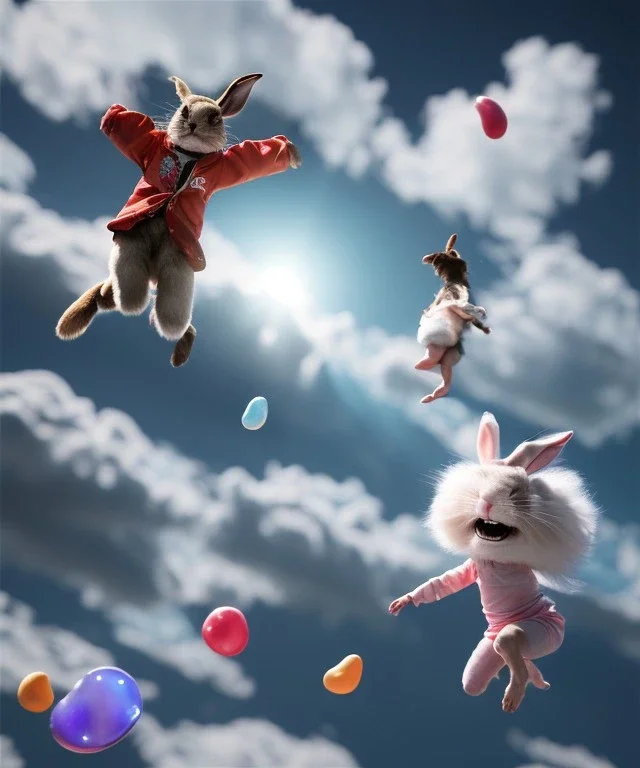 Ultra realistic speed clouds sky scene, wide angle view, childs falling down with many Childs background, rabbit head, circus dress style, feather color, free jumping flying, many trinkets, hair monster, many jelly beans, balls, color smoke, smile, happy, extreme, wind, clouds sea, 20,000 feet altitude, stratosphere, soft color, highly detailed, unreal engine 5, ray tracing, RTX, lumen lighting, ultra detail, volumetric lighting, 3d, finely drawn, high definition, high resolution.