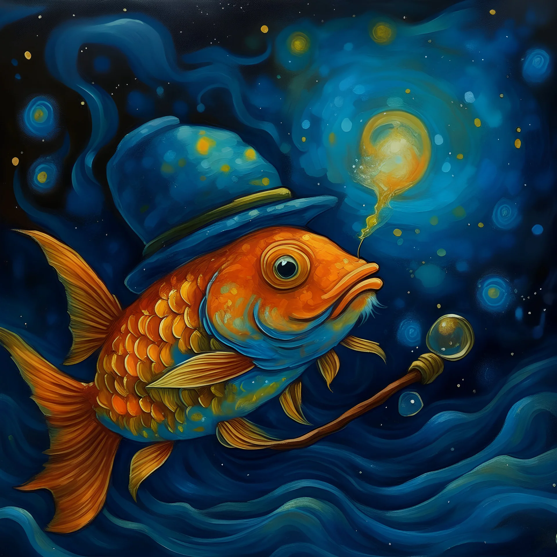 Pez dorado en el fondo del mar, fumando una pipa, que larga burbujas. El pez también usa un sombrero de Sherlock Holmes. El diseño de la imagen debe tener el estilo de Vincent Van Gogh y la paleta de colores de su cuadro la noche estrellada.