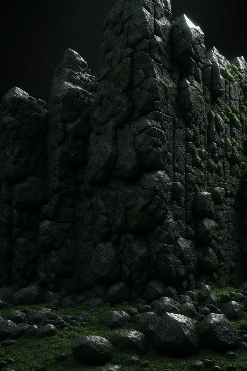 A huge wall made of granite black stones in the forest dark material, surrealist, elementals, intricate background, masterpiece, octane rendered, artstation