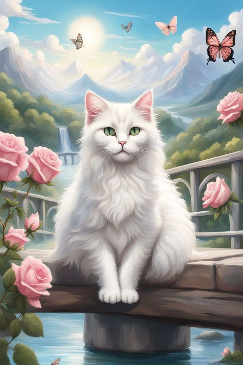 in the center: beautiful chunky fluffy white cats with green eyes sitting on a bridge, under the brigde flows a small blue river; background: landscape with mountains and white clouds, butterflys flying in the sky; first plan: pink roses;