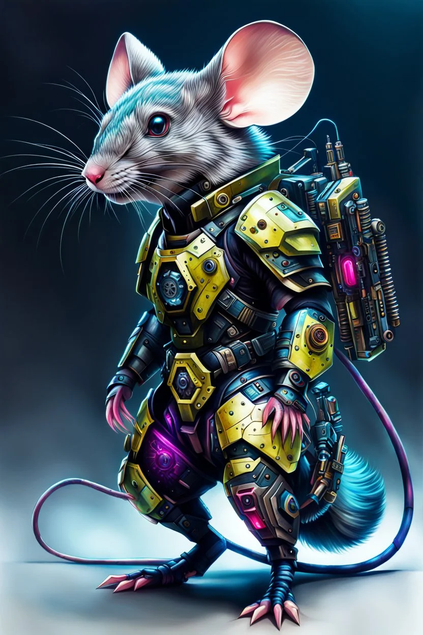 Hermos dibujo de un ratón con armadura cyberpunk, full body, calidad ultra, hiperdetallada, increíble obra de arte, colores complementarios, maximalista