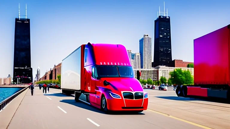 A Tesla semi-truck is racing at top speed, on the Navy Pier, in Chicago. CINEMATIC. WIDE ANGLE LENS. PHOTO REAL.