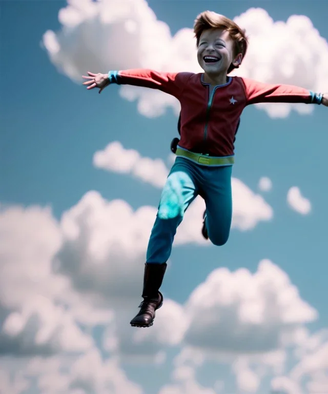 Ultra realistic clouds sky scene, medium shot view, portrait, sweet Peter Pan Childs free jumping flying, trinkets, jelly beans, inflatable helmet, smile, happy, Wes Anderson style, inflatable color clothing, extreme, wind, clouds sea, 20,000 feet altitude, stratosphere, soft color, highly detailed, unreal engine 5, ray tracing, RTX, lumen lighting, ultra detail, volumetric lighting, 3d, finely drawn, high definition, high resolution.