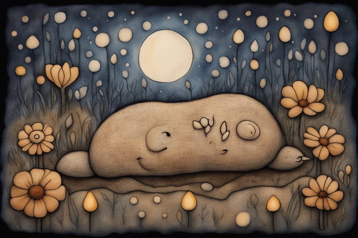 painted and burned burlap, moonlight, cute chibi sleeping animal on a flower bed, styles of Paul Klee Dee Nickerson and Tim Burton, melting watercolor and black ink outlines on wet paper, soft, shading strokes, in candlelight, ethereal, otherwordly, cinematic postprocessing, bokeh, dof