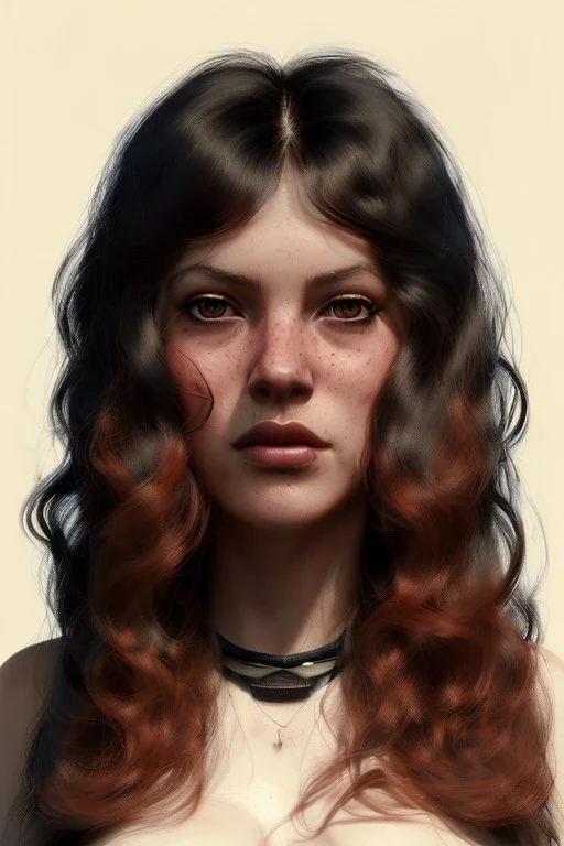 1970's porno model , cute, big droopy eyes, angelic face with minor blemishes, beautiful, long orange flowing hair, wavy hair, curly hair، black eyes, head and shoulders portrait, cinematic, misty atmosphere, 8k, resolution concept art portrait by Greg Rutkowski, Artgerm, WLOP, Alphonse Mucha dynamic lighting hyperdetailed intricately detailed, bokeh, Stunning 8k ektar film scan