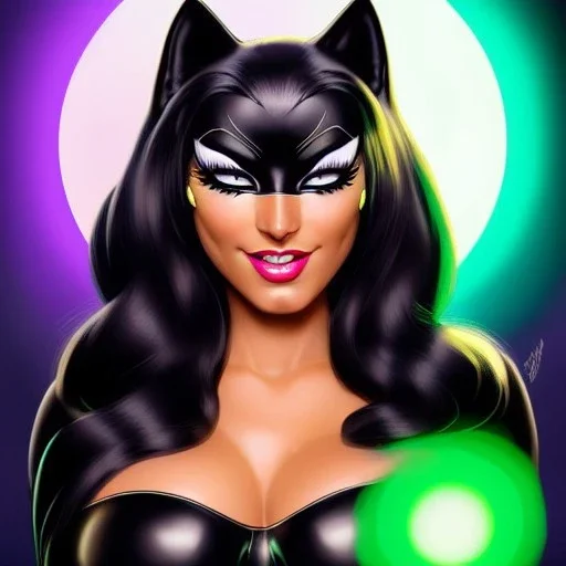 ultra detailed fullbody portrait of beautiful busty Black Cat DC Universe, wearing skintight costume, extremely detailed digital painting, intrincate, extremely detailed smiling face,crystal clear Big Green eyes, in the style of adam hughes , mystical colors , perfectly centered image, perfect composition, rim light, beautiful lighting,8k, stunning scene, raytracing