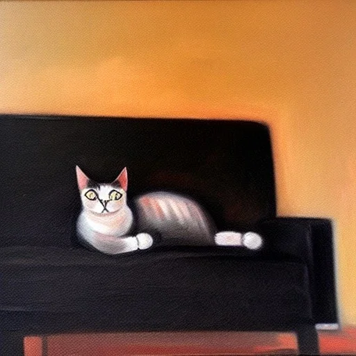 oil portrait of a Cat Sleeping in a Black sofa by María Izquierdo 8k