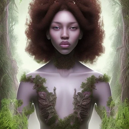 Painting .the face of A young black woman. A wood nymph emerging from the forest. Her hair looks like vines. Dreadlocs. Her skin is the colour of red soil. Her skin looks like tree bark. Her clothing is made of vines, grass and leaves