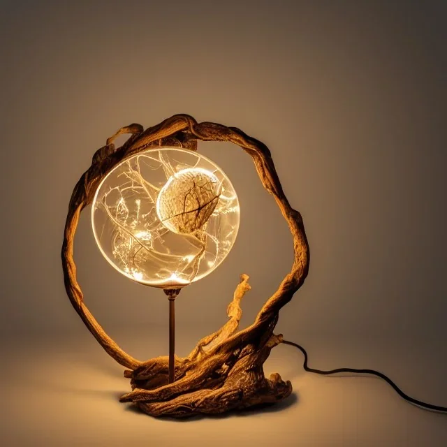 a gorgeous, stunning table lamp made of twisted, gnarled wood with illuminated globe of light hanging off one branch, muted color background, 8k resolution, high-quality, fine-detail, photorealistic, intricate, digital art, detailed matte, volumetric lighting, illustration, 3D octane render, brian froud, howard lyon, selina french, anna dittmann, annie stokes, lisa parker, greg rutowski, George Grie, Ben Goossens, Igor Morski