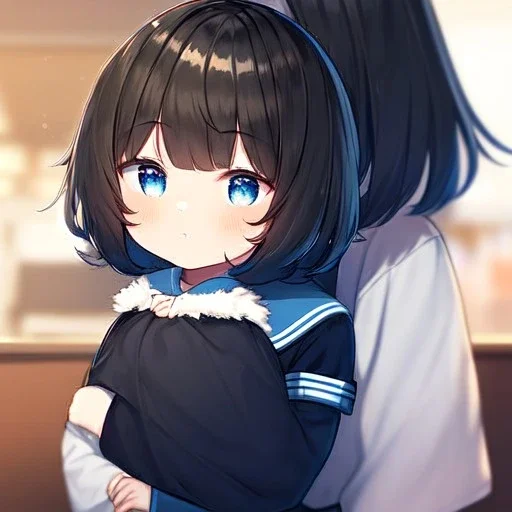 Clear focus,High resolution, Black short fluffy hair, and blue eyes, wearing a sailor uniform, When the girl was a baby