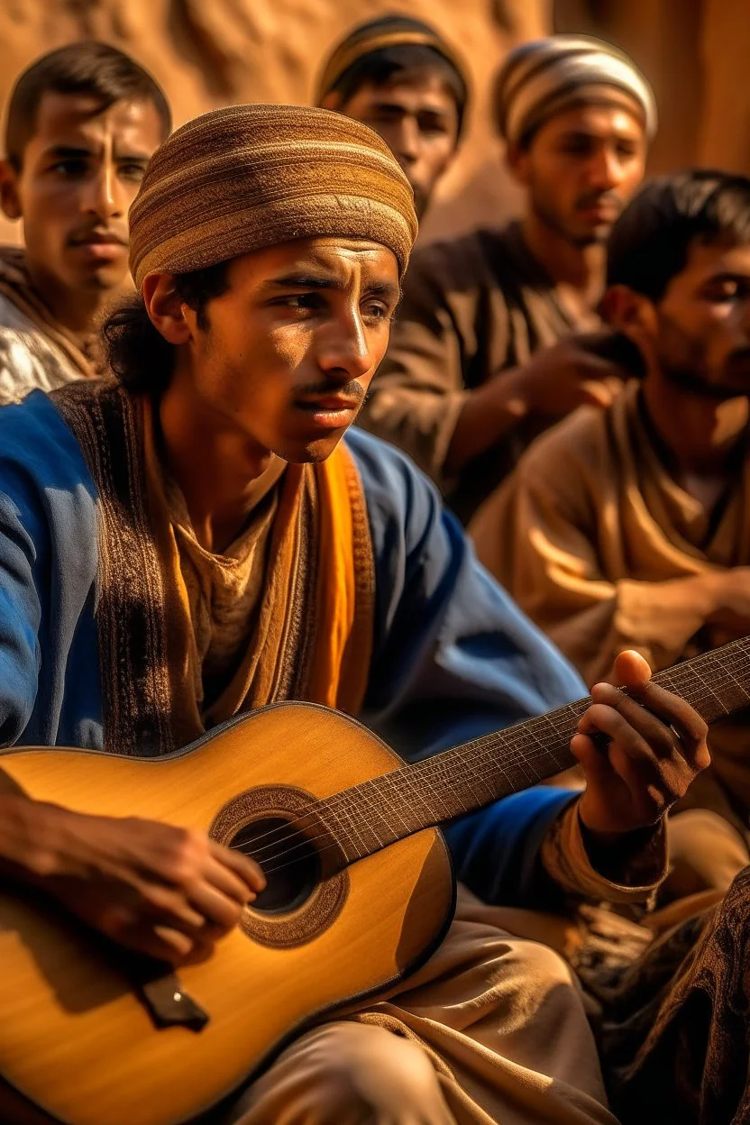 Berber teenager, detailed, hyper realistic, in the middle of a traditional Berber music performance, playing a three-stringed lute (guembri) with intense concentration, surrounded by onlookers in a village festival.