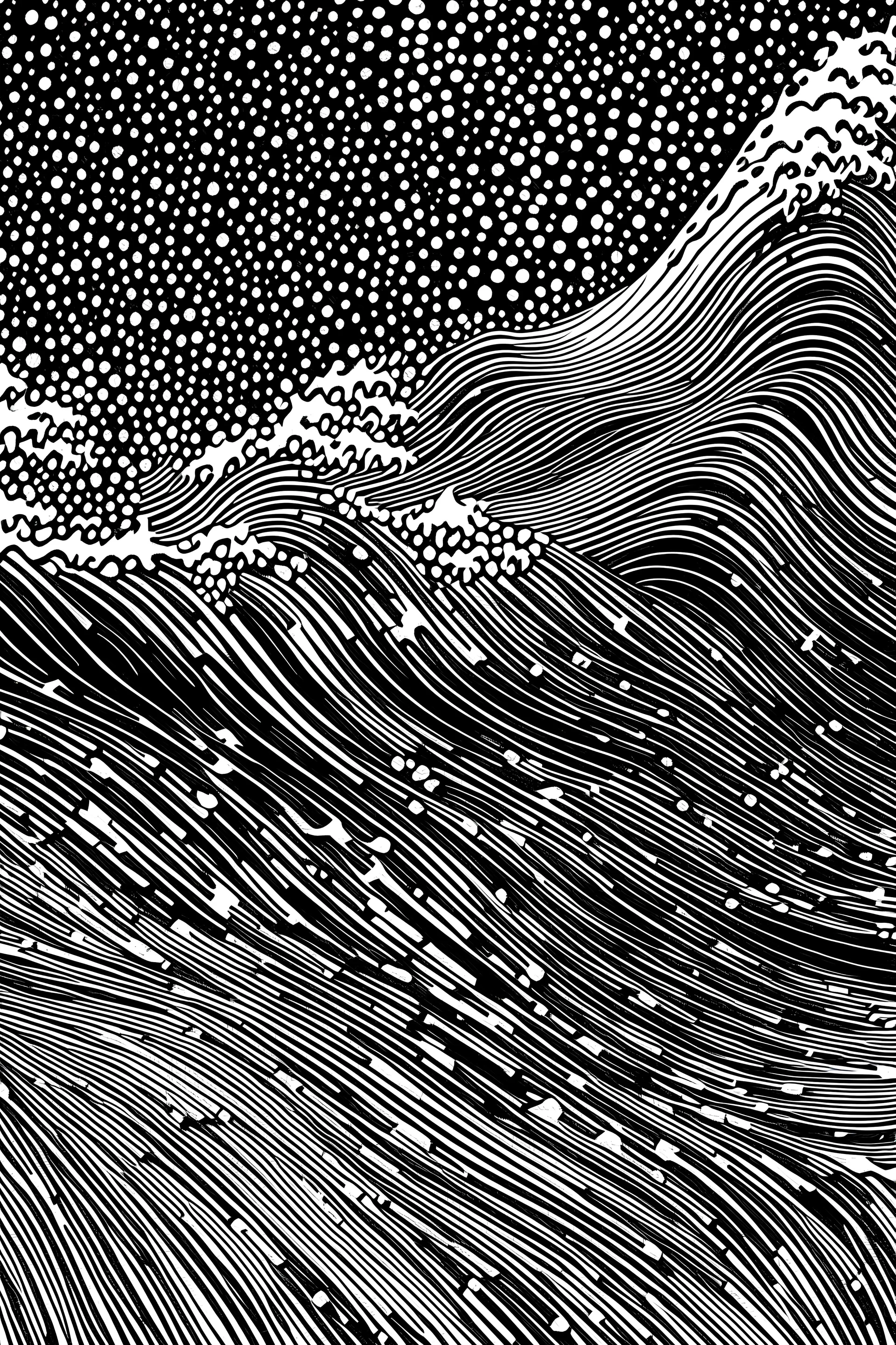 The illustration depicts a seamless wave pattern stretching across the page. Waves of varying sizes and shapes overlap and cascade downwards, creating a dynamic and fluid composition. The waves transition from darker shades of black at the bottom to lighter shades towards the top, mimicking the depth and movement of the ocean. Small details like foam and bubbles can be found within the waves, adding depth and realism to the scene.