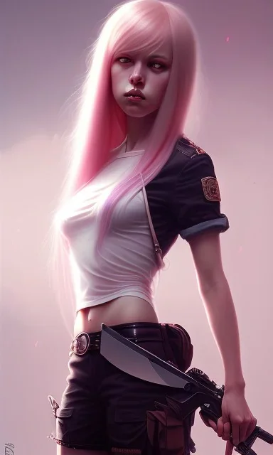 girl, cute, beautiful, pink hair, brown eyes, pigtails, bangs, knife in hand, blood on face, by Greg Rutkowski, big boobs