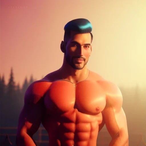 circus, ringleader, Arthur Kulkov, front, handsome, muscular, male, Russian, body builder, fantasy, anime, at dawn by atey ghailan, mystical colors, Golden hour, Lisa Frank fantasy