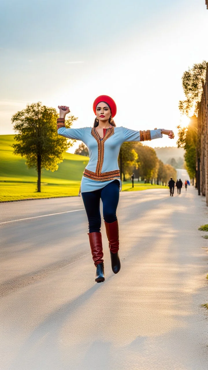 A full-body shot of azeri lady,long black boots ,tight blue pants ,a hat on head