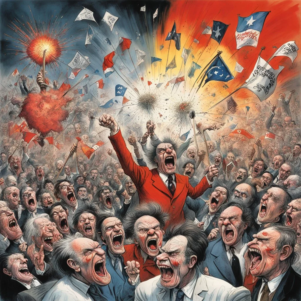 Chaos of Liberal Democracy, by Gerald Scarfe, by Ralph Steadman, by Martin Rowson, splash art, political cartoon depicting an angry mob of voters and grandstanding red-faced politicians, asymmetric surrealism, nightmarish ball of anger and division, violent color explosion, surrealism, asymmetry, maximalism