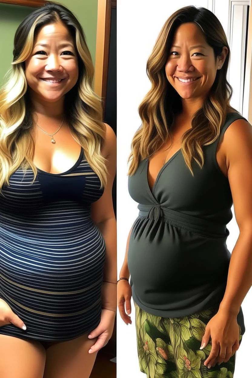 Gina Rodriguez at 75% transformation showcases a radiant presence with a three-month baby bump. Her physique combines idealized curves with the grace of impending motherhood.Body: Idealized Curves, Radiant Presence, Three-Month Baby Bump Facial Features: Refined, Magical Charm Hair: Blonde Waves Complexion: Maternal Radiance Measurements: Enchanting Transformation Outfit: Adapted Maternity Wear