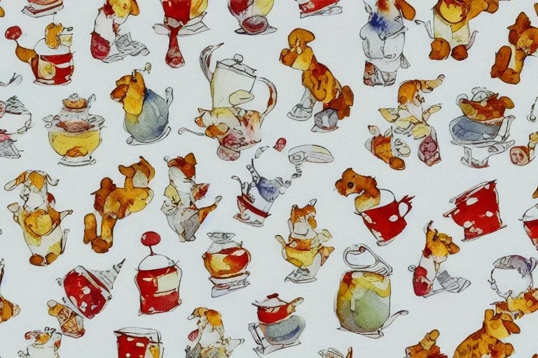 giftwrap pattern with watercolor of miniature teapots, children's book illustration, white parchment paper, wrapping paper, white linen, in the style of e. h. shepard, in the style of classic winnie the pooh