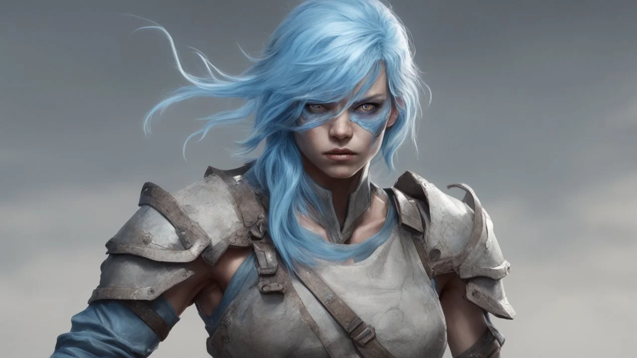 blind female fighter with light blue skin and eyes that are clouded, more muscular, and wearing torn clothing