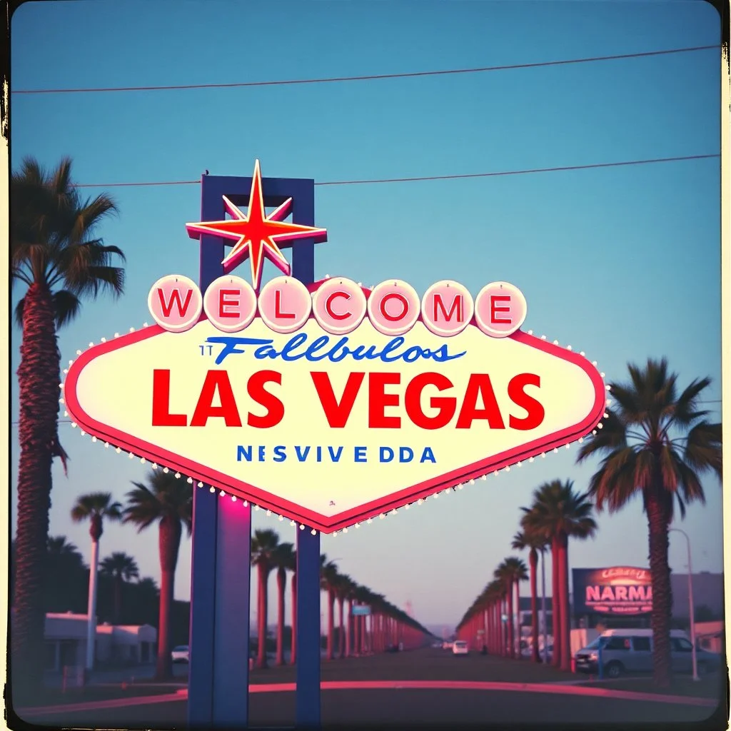 1970's travel poster, analogue photography, retro-style, the Las Vegas Welcome to Las Vegas sign, palm trees, pastel colors, vaporwave